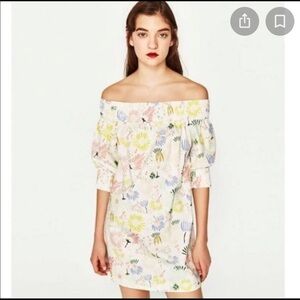 Zara Dress Smocked Off Shoulder Floral Mini in White Multicolor Sz S